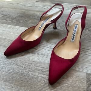 Vintage Manolo Blahnik “Carolyne” Burgundy Satin Slingback Heels, Size 37 (EU)